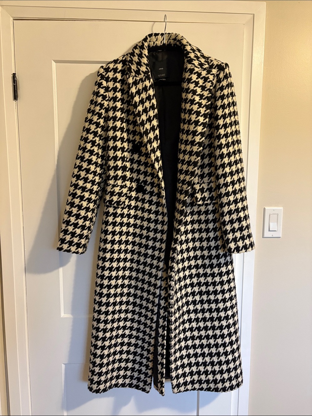 Mango Black & White Houndstooth Long Pea Coat